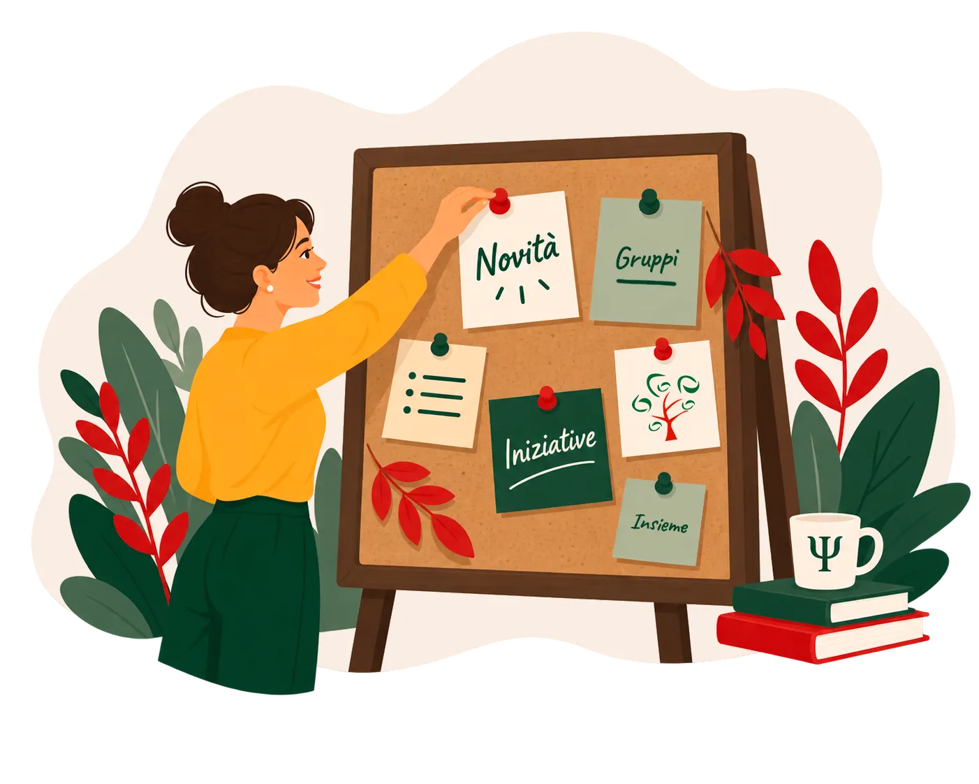 Illustrazione di un professionista che consulta una bacheca con post-it e locandine